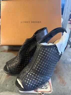 Audrey Brooke Black Perforated Peep-Toe Slingback Wedges